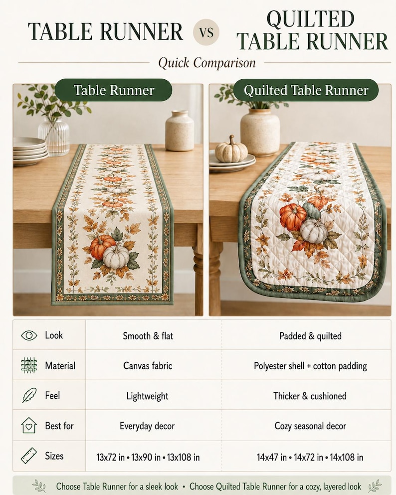 May include: A comparison chart between a flat canvas table runner and a quilted table runner. Both feature autumn pumpkin and leaf prints with green borders. The chart lists specifications including material, feel, and sizes in inches: 13x72, 13x90, 13x108, 14x47, 14x72, and 14x108.