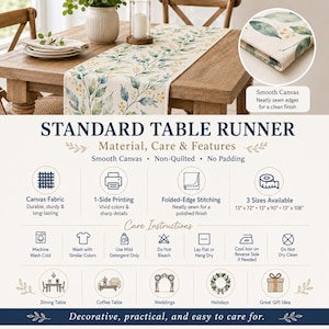 May include: A standard table runner made of smooth canvas featuring a botanical print of green leaves and yellow berries. The runner has folded-edge stitching and is available in three sizes: 13 inches by 72, 90, or 108 inches. It is non-quilted.