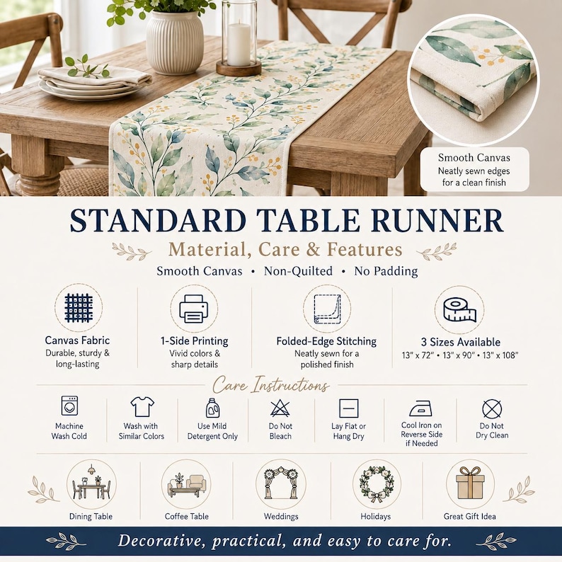 May include: A standard table runner made of smooth canvas featuring a botanical print of green leaves and yellow berries. The runner has folded-edge stitching and is available in three sizes: 13 inches by 72, 90, or 108 inches. It is non-quilted.