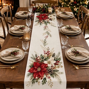 Op de afbeelding: Een lange, gebroken witte tafelloper met een botanische print van rode en witte kerststerren, groene dennentakken, dennenappels en rode bessen. De loper ligt in het midden op een houten eettafel met borden, servetten en glazen.