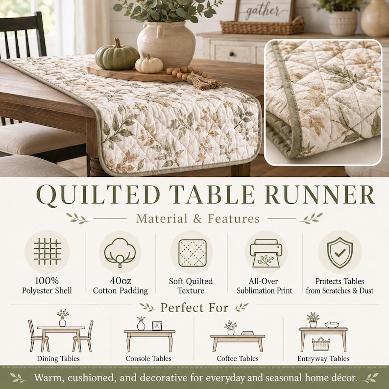 May include: A rectangular quilted table runner featuring a botanical print of green and brown leaves on a cream background. The runner has a soft quilted texture, a 100% polyester shell, and 40oz cotton padding. It is designed for dining tables.