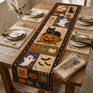 May include: A rectangular Halloween-themed table runner featuring a patchwork design of black cats, orange pumpkins, white ghosts, and bats on a dark background. The runner is decorated with autumn leaves and crescent moons, displayed on a wooden table.