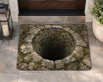 3D Illusion Doormat, Bottomless Stone Well Welcome Mat, Funny Optical Illusion Rug, Outdoor Front Door Mat, Scary Halloween Porch Decor