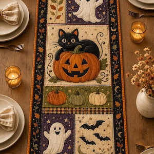 Op de afbeelding: Een rechthoekige, doorgestikte tafelloper met een patchworkontwerp met Halloween-motieven, waaronder zwarte katten, witte geesten, oranje pompoenen, vleermuizen en herfstbladeren. De rand is zwart met een oranje bladpatroon.