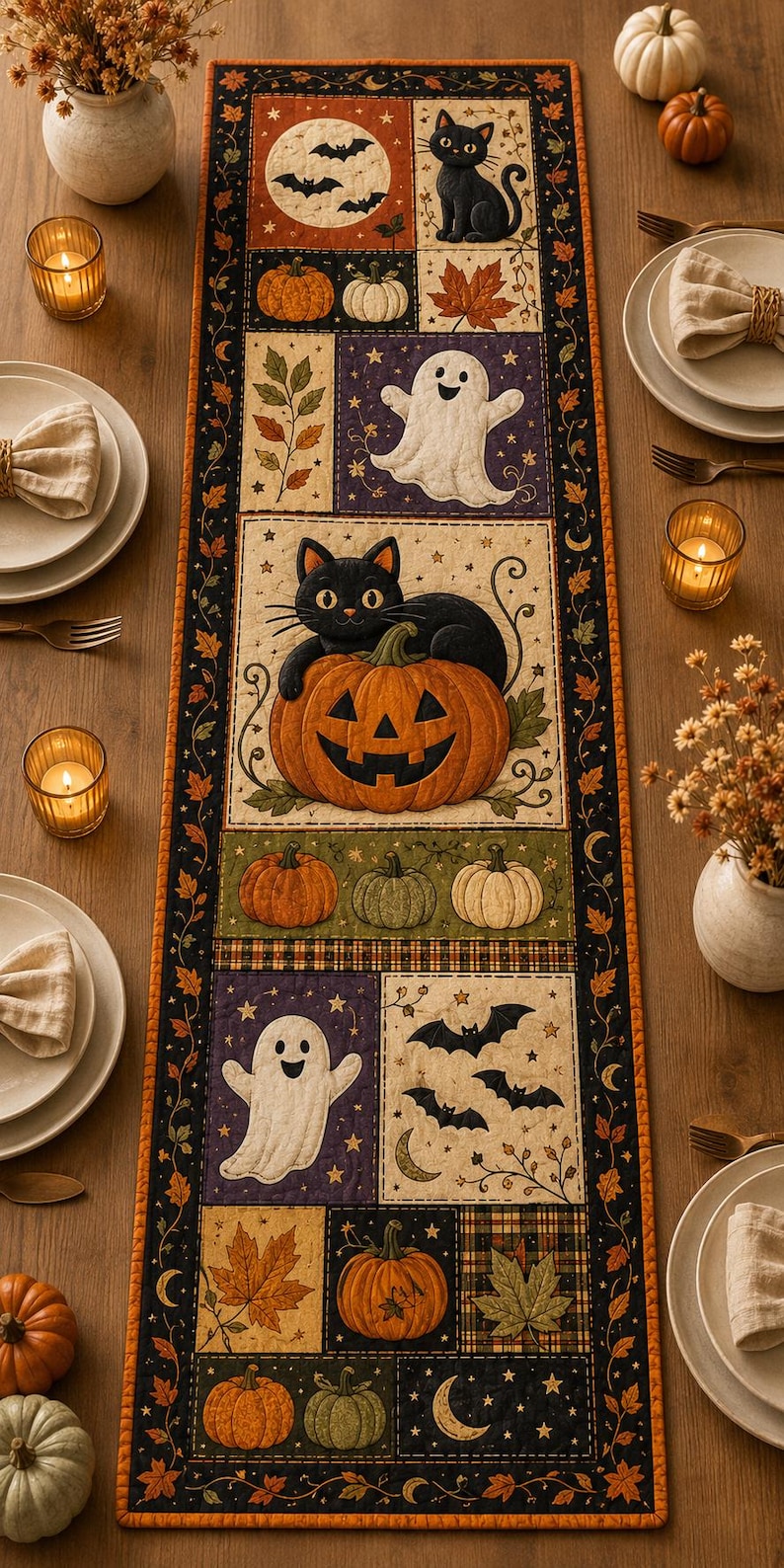 May include: A rectangular quilted table runner featuring a patchwork design with Halloween motifs including black cats, white ghosts, orange pumpkins, bats, and autumn leaves. The border is black with a repeating orange leaf pattern.