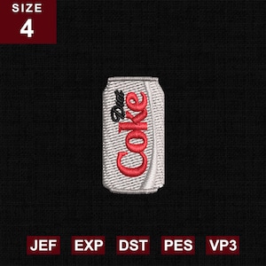 May include: An embroidered patch featuring a silver soda can with the red and black text Diet Coke. The design is set against a black background. In the top left corner, a maroon box displays the text SIZE 4. At the bottom, file formats JEF, EXP, DST, PES, and VP3 are listed.