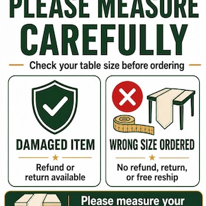 May include: An informational sign with dark green text on a white background. It reads PLEASE MEASURE CAREFULLY and Check your table size before ordering. It features a shield with a checkmark for damaged items and a measuring tape with an X for wrong sizes.