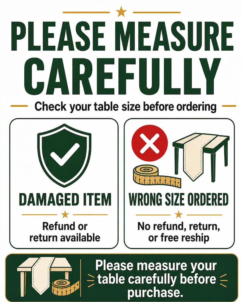 May include: An informational sign with dark green text on a white background. It reads PLEASE MEASURE CAREFULLY and Check your table size before ordering. It features a shield with a checkmark for damaged items and a measuring tape with an X for wrong sizes.