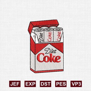 Op de afbeelding: Een borduurontwerp met een rood-wit pakje in sigarettenstijl met drie frisdrankblikjes met het label Diet Coke. Het pakje toont het Diet Coke-logo in rode en zwarte tekst. Onder het ontwerp staan de bestandsformaten JEF, EXP, DST, PES en VP3 vermeld.