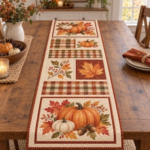 May include: A rectangular quilted table runner featuring a seasonal autumn theme. The design includes alternating panels of orange pumpkins, white pumpkins, red and orange maple leaves, berries, and a brown, green, and cream plaid pattern.