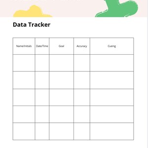 May include: A white therapy log with the title "THERAPY LOG" in purple. The words "Data Tracker" are below the title. The log includes columns for Name/Initials, Date/Time, Goal, Accuracy, and Cueing. The creator's name is in the top right corner.