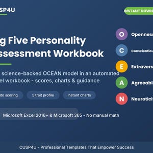 Op de afbeelding: Een digitaal Big Five persoonlijkheidsbeoordelingswerkboek voor Microsoft Excel 2016+ en Microsoft 365. De donkerblauwe afbeelding toont het OCEAN-model-acroniem met gekleurde cirkels voor Openness, Conscientiousness, Extraversion, Agreeableness en Neuroticism.