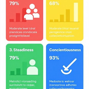Op de afbeelding: Een DISC Assessment Results grafiek met vier gekleurde secties: rood (Dominantie), geel (Invloed), groen (Bestendigheid) en blauw (Zorgvuldigheid). Elke sectie toont een percentage en een korte beschrijving. De onderste sectie luidt "Uw profiel: Analytische medewerker."