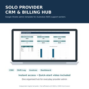 Könnte beinhalten: Eine digitale Google Sheets-Admin-Vorlage mit dem Titel SOLO PROVIDER CRM & BILLING HUB für australische NDIS-Supportmitarbeiter. Der Bildschirm zeigt ein Provider-Dashboard mit Datentabellen, Diagrammen und Kennzahlen zu Umsatz und Stunden.