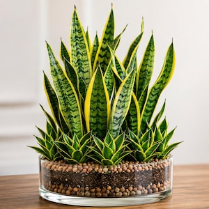 Op de afbeelding: Een arrangement van sansevieria's en kleine vetplanten in een heldere glazen container. De sansevieria's hebben groen en geel gestreepte bladeren. De container is gevuld met aarde en kleine kiezels.