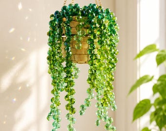 Apanhador de Sol com Plantas de Contas | Enfeite de Janela com Suculentas de Cristal | Decoração Suspensa com Vasos de Contas | Apanhador de Sol Boho | Decoração Verde para Pendurar