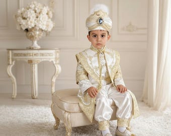 Costume da principe bianco e oro per ragazzi, abito caftano ottomano, abito di lusso per circoncisione, costume da sultano reale per il compleanno
