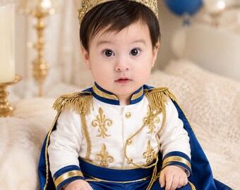 Conjunto personalizado de Príncipe Real para Bebé, Disfraz Azul Dorado para el Primer Cumpleaños, Conjunto para Sesión de Fotos de Bebé Niño con Pastel, Conjunto Personalizado de Capa y Corona