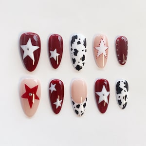 Vache étoile impression presse sur les ongles/ongles longs en amande/bordeaux des années 2000/clous de cow-girl western/ongles étoile rétro/clous argent/clous sur mesure