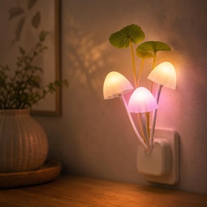 Puede incluir: Una luz nocturna de pared enchufable con tres tapas brillantes en forma de hongo en tonos blancos y rosas suaves, acompañadas de dos tallos con hojas verdes. La luz está montada sobre una base cuadrada blanca para el enchufe.