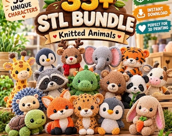 May include: A digital bundle of 35+ STL files for 3D printing featuring various knitted-style animal characters including a giraffe, penguin, reindeer, elephant, tiger, raccoon, hedgehog, turtle, fox, leopard, panda, and a rabbit holding a carrot.