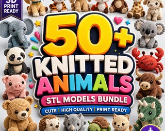 May include: A digital collection of 50+ knitted animals featuring various creatures like a dog, tiger, elephant, panda, pig, bear, hedgehog, rhino, turtle, cat, dinosaur, koala, crab, bull, fox, monkey, giraffe, and sheep in a 3D print ready bundle.
