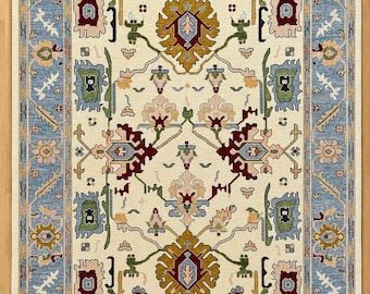 Hand Knotted Oushak Rug, Blue Turkish Wool Area Rug, Vintage Oriental Carpet