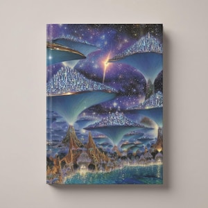 May include: A hardcover book featuring a vibrant, fantastical illustration. The artwork depicts floating cities with detailed architecture, illuminated by a starry night sky. The color palette includes blues, purples, and golds, creating a sense of wonder and imagination.