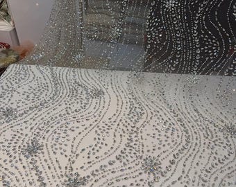 White Bridal Fabric, Heavy Silver Stone Beaded Crystal Embroidery Material (3.30 Meters)