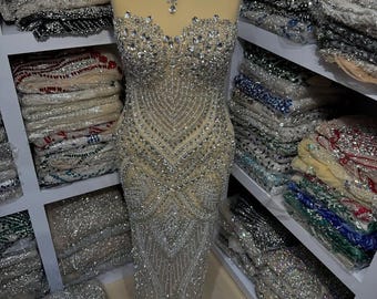 Silber Strass Mieder Panel, Schwere Kristall Perlen Braut Applikation, Haute Couture Hochzeit Stoff