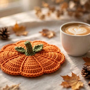 May include: A round, orange, crocheted pumpkin-shaped coaster featuring a green stem and two small green leaves. The coaster is textured with visible yarn stitches and has a segmented design that mimics the appearance of a real pumpkin.