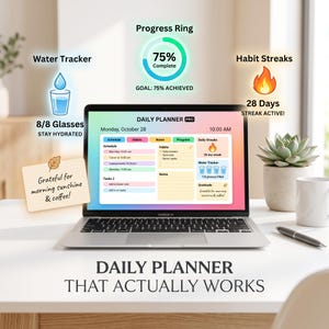 Può includere: Un portatile argentato che mostra un'interfaccia Daily Planner Pro con sezioni per programma, abitudini, note e progressi. Sono visibili icone per il monitoraggio dell'acqua, un anello di progresso al 75% e una serie di 28 giorni di abitudini.