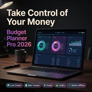 May include: A laptop displaying the Budget Planner Pro 2026 interface with neon-colored income and expense charts, a savings rate indicator, and transaction lists. The screen text reads Take Control of Your Money and Budget Planner Pro 2026.