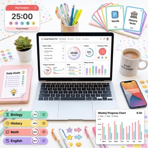 May include: A silver laptop displaying a Study Planner Pro dashboard, surrounded by a Pomodoro timer card, a mug with the text STAY FOCUSED, a smartphone, a notebook labeled Daily Goals, colorful pens, flashcards, and progress charts.