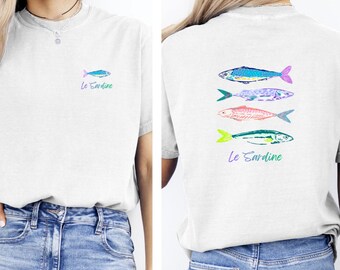 Comfort Colors Sardine T-shirt, Le Sardine med fisktryck på ryggen, Stor strandskjorta