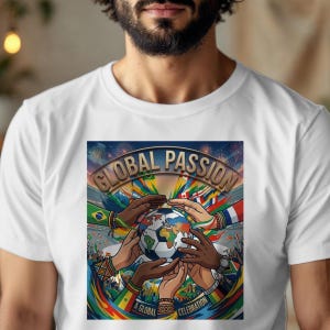 Può includere: T-shirt bianca con grafica colorata. Il design presenta un pallone da calcio con una mappa del mondo, circondato da mani di diverse tonalità di pelle. Le parole "GLOBAL PASSION" e "A GLOBAL CELEBRATION" sono visualizzate.