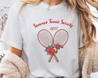 Summer Tennis Society T-Shirt, Strawberry Racket Tennis Apparel, Preppy Wimbledon Style Tee