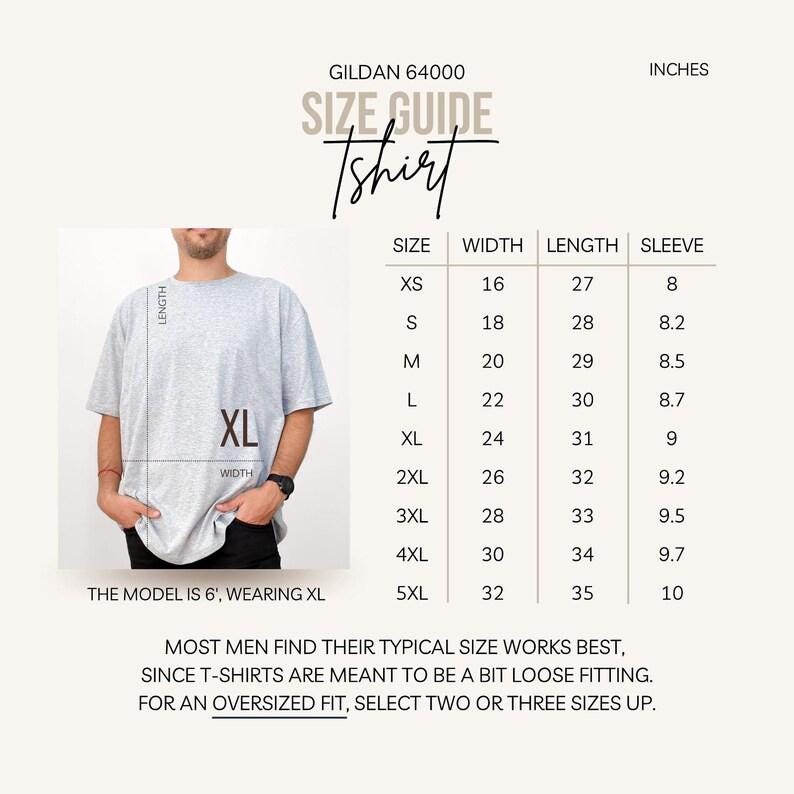 May include: A Gildan 64000 t-shirt size guide chart in inches. It displays a table with sizes XS through 5XL, listing width, length, and sleeve measurements. A graphic shows a person wearing a light gray t-shirt labeled XL with length and width lines.