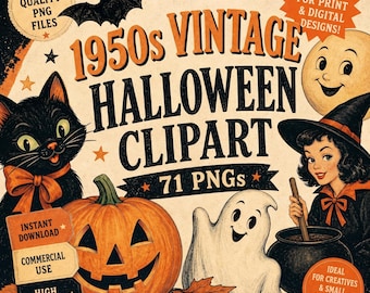 May include: A digital collection of 71 vintage 1950s Halloween clipart PNG files featuring a black cat, a jack-o'-lantern, a ghost, a witch, and a moon. The text reads 1950s VINTAGE HALLOWEEN CLIPART 71 PNGs, HIGH QUALITY PNG FILES, and INSTANT DOWNLOAD.