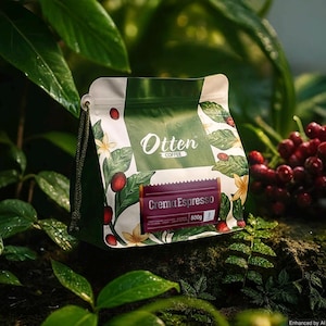 May include: A white coffee bag with a green top section featuring the text Otten Coffee. A maroon rectangular label displays the text Crema Espresso and 500g. The bag is decorated with illustrations of coffee leaves, red berries, and flowers.