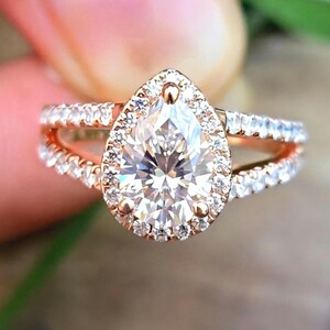 2 Carat Pear Cut Moissanite Engagement Ring | Split Shank Pave Band Halo Ring | Rose Gold Pear Halo Ring | Sterling Silver, 10K & 14K Gold