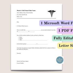 Può includere: Un modello stampabile di certificato medico con un simbolo di caduceo nero, campi per le informazioni del medico e della clinica, una dichiarazione di certificazione e caselle di controllo per lavoro, scuola o altro. Include i testi 1 Microsoft Word File, 1 PDF File, Fully Editable e Letter Size.