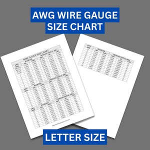 Puede incluir: Dos hojas de papel blancas que muestran una tabla AWG WIRE GAUGE SIZE CHART con columnas para el tamaño AWG, diámetro en milímetros y pulgadas, y área de sección transversal en milímetros cuadrados, pulgadas cuadradas y CMA.