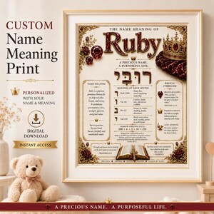 May include: A framed custom name meaning print with the name "Ruby" in a decorative font. The print includes the name's meaning, Hebrew gematria value, and biblical significance. The print is in a gold frame and features floral and jewel accents.