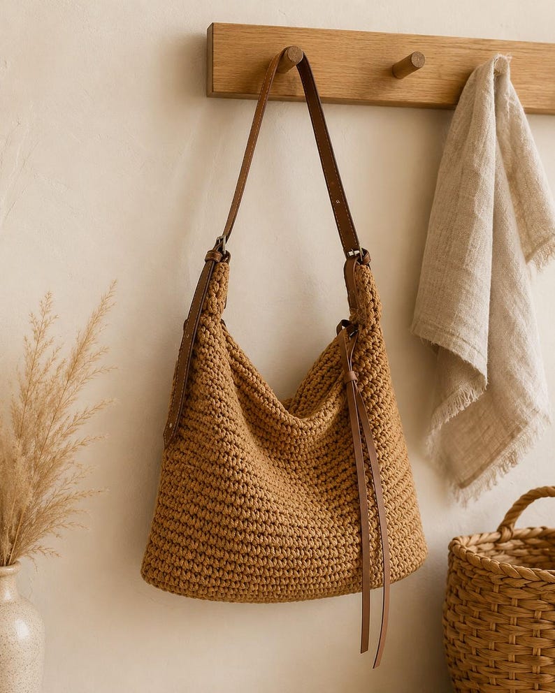 May include: A tan crochet hobo bag featuring a textured, woven pattern and a long, adjustable brown leather shoulder strap. The bag includes a thin leather drawstring closure with two dangling leather cords hanging from the side of the opening.
