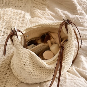 Crochet Shoulder Bag, Adjustable Strap Boho Purse, Knitted Summer Bag for Women, Minimalist Crossbody Bag, Gift for Her Cream White