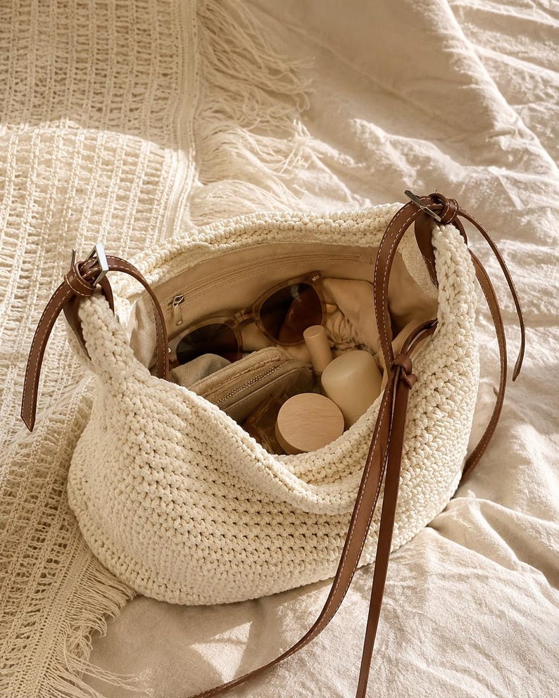 Crochet Shoulder Bag, Adjustable Strap Boho Purse, Knitted Summer Bag for Women, Minimalist Crossbody Bag, Gift for Her Cream White