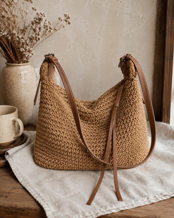 Crochet Shoulder Bag, Adjustable Strap Boho Purse, Knitted Summer Bag for Women, Minimalist Crossbody Bag, Gift for Her