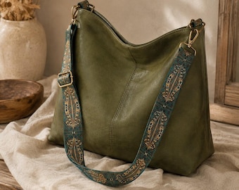 Boho Hobo Shoulder Bag, Soft Leather Crossbody Purse, Vintage Slouchy Handbag, Wide Strap Women Bag, 4 Colors Gift