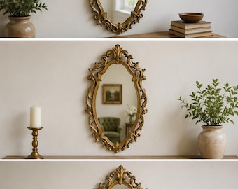 Espejo de pared rococó con marco dorado ornamentado, montaje vertical en pared, 22 x 47,5 pulgadas.